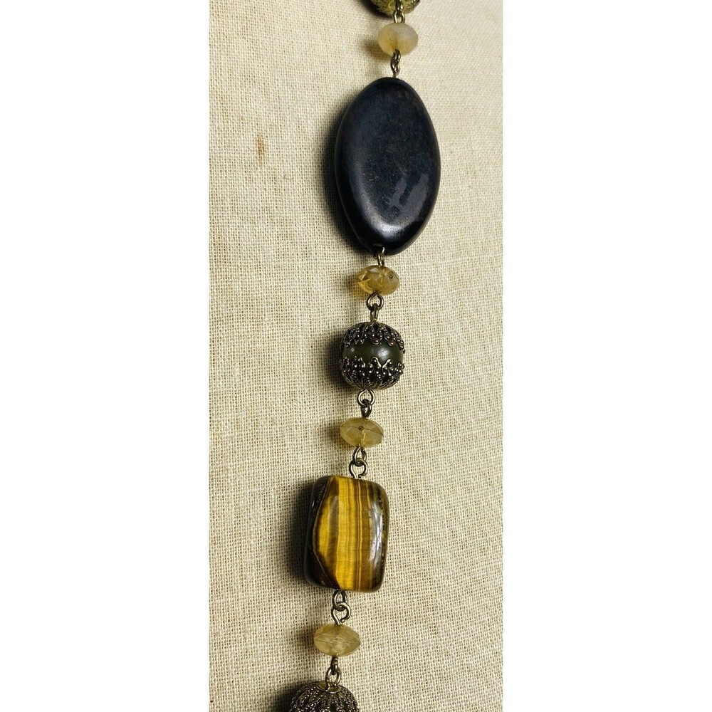 Avon Long Tigers Eye Acrylic Bead Statement Necklace Boho 36” - Picture 3 of 4